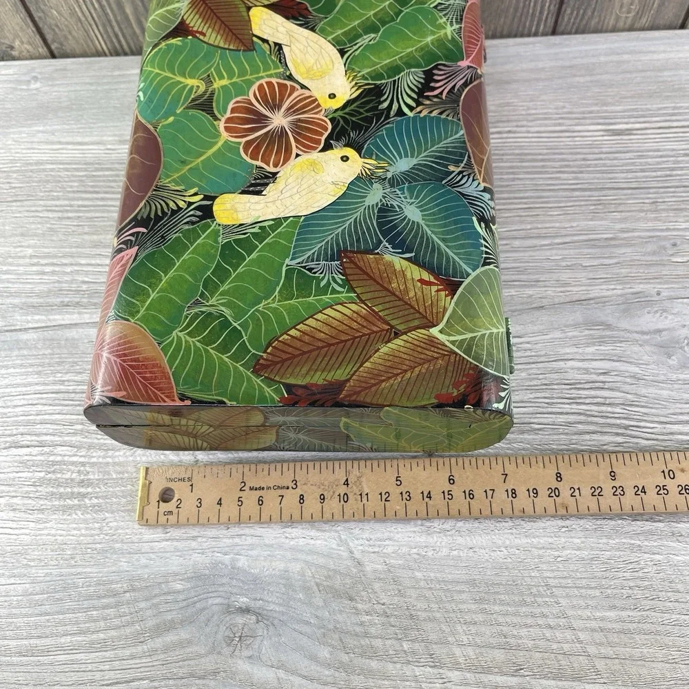 Vintage Hand Painted Wooden Box Parrot Floral Jewelry Storage Trinket